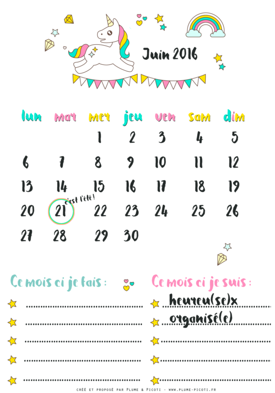 Calendrier de Juin 2016 à imprimer