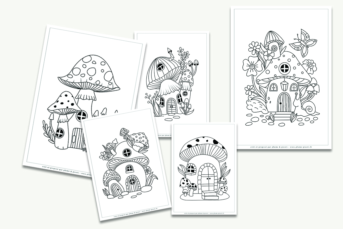 5 coloriages “maisons champignons” à imprimer
