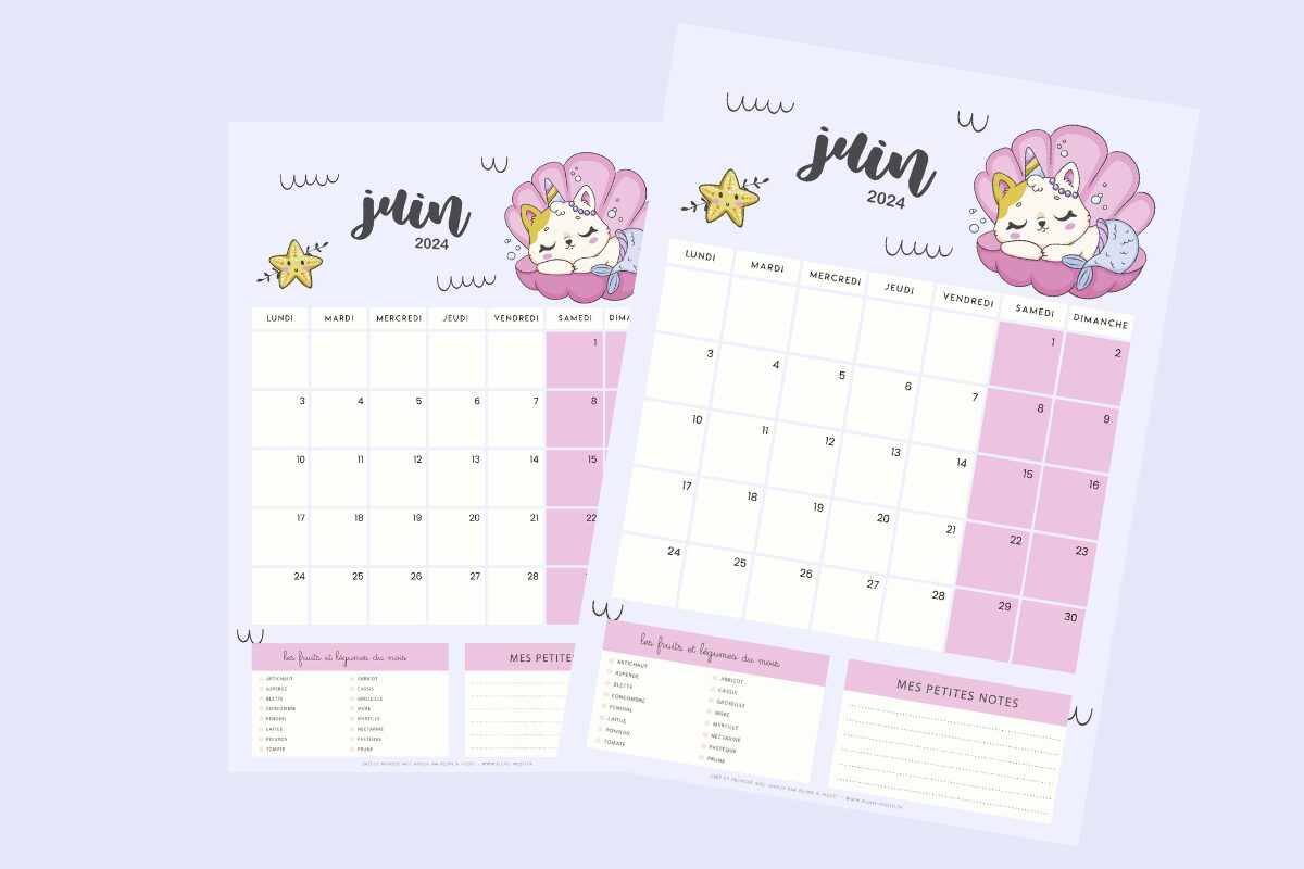 Calendrier du mois de Juin 2024 à imprimer