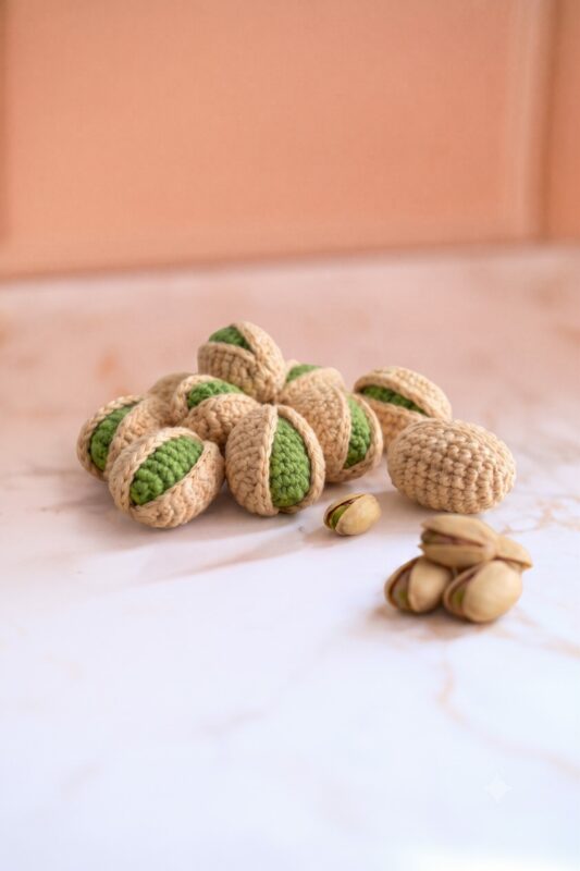 Pistache amigurumi réalisée au crochet avec sa coque beige et son fruit vert.